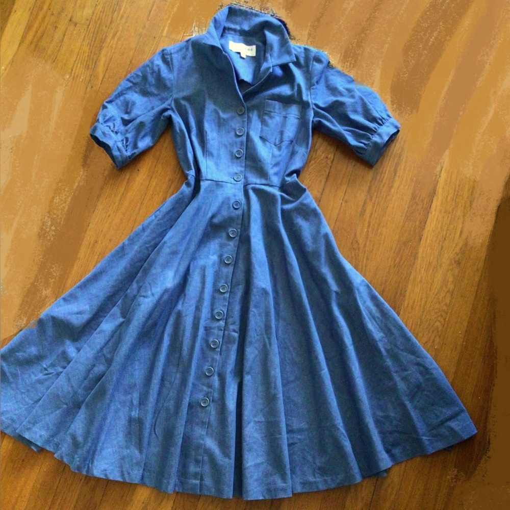Denim Midi Dress Full Skirt | Clotilde | Cottagecore Prairie Vibes: Size 4